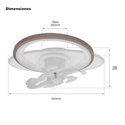 Ventilador de Techo con Luminario LED de 110 V CA 50/60 Hz /  88 W / 3 Tonos de Luz (6500 - 4 000 - 2 700 K) / Con giro 360° / Diámetro 550 mm / 6 Velocidades / Dimeable. | JLV-016