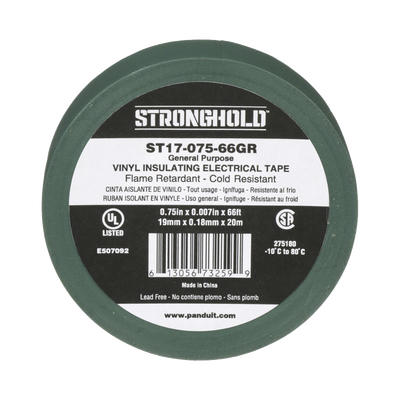 Cinta Eléctrica STRONGHOLD para Aislar, de PVC, Uso General Reparación y Mantenimiento, Grosor de 0.18mm (7 mil), Ancho de 19mm, y 20.12m de Largo, Color Verde | ST17-075-66GR