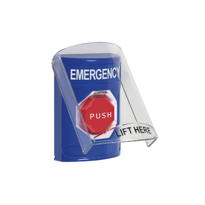 Botón Multipropósito, Color Azul, De Superficie, Con Tapa De Policarbonato, Con Bocina Pre Alarma, Para Interior, Llave Para Restablecer, Texto De Emergencia, Ingles | SS24A2EM-EN