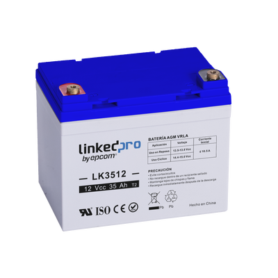 Batería 12 V / 35 Ah / UL / Tecnología AGM / Vida útil promedio de 5 años / Para uso en equipo electrónico, Alarmas de Intrusión / Incendio / Control de acceso / Video Vigilancia / Terminales T1 | LK3512
