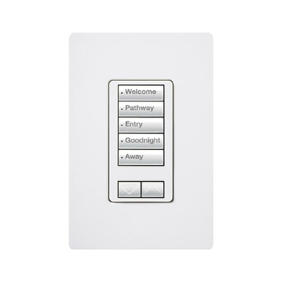 (RadioRA2) Teclado seetouch 5 botones, 2 botones subir/bajar, programe escenas diferentes en cada botón. | RRDW5BRLWH