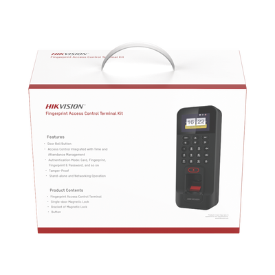 Kit de Control de Acceso TODO INCLUIDO con Lector de Huellas y Tarjetas / 3,000 Huellas / Compatible con App Hik-Connect / Incluye Electroimán  Botón de Salida y Montajes Z y L para imán (DS-K1T804) | DS-KAS261
