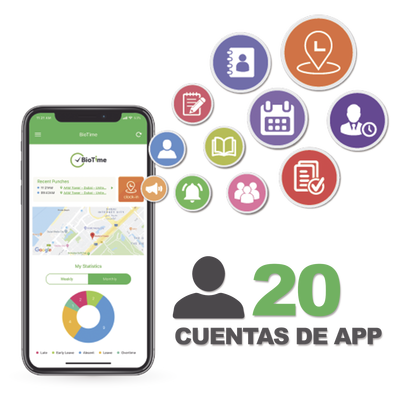 Licencia para realizar checadas de asistencia desde Smartphone (APP) con envío de fotografía y ubicación por GPS / Compatible con BIOTIMEPRO / Licencia para 20 usuarios | BIOTIMEAPP20