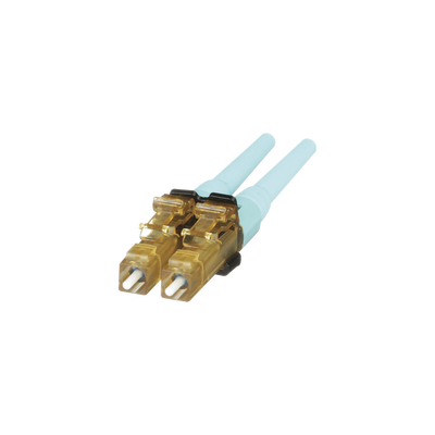 Conector de Fibra Óptica LC Duplex OptiCam, Multimodo 50/125 OM3/OM4, Pre-pulido, Color Aqua | FLCDMCXAQY