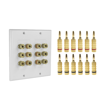 KIT 1 Placa de Pared + 6 Pares Conectores Banana (Rojo+Negro) | Postes de Unión Tipo Banana | Conexión para 6 Altavoces | Fácil Instalación | Conectores Chapados en Oro | EP-WP6S-KIT