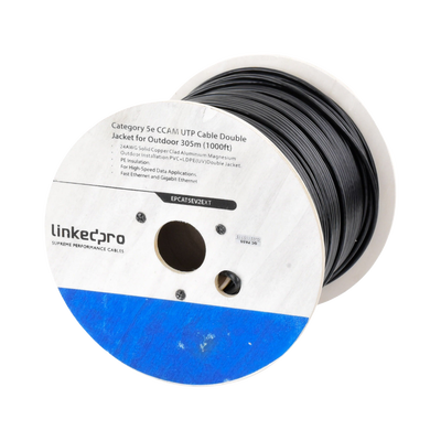 Bobina de Cable de 305 Metros (1000 Pies) Cat5e, Aleación de Cobre y Aluminio (CCA), Color Negro, Uso Intemperie, Doble Forro | EP-CAT-5E-V2-EXT
