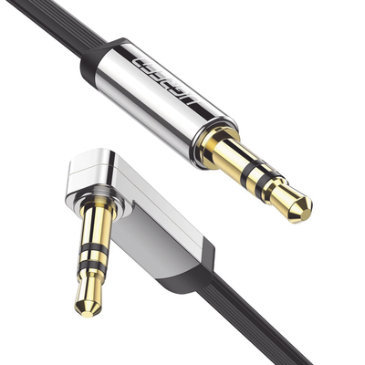 Cable Auxiliar Plano 2 Metros / Conector 3.5mm a 3.5mm / Macho-Macho / Recto a Angulo / Ángulo de 90° en una de sus Puntas / Color Negro | 10599
