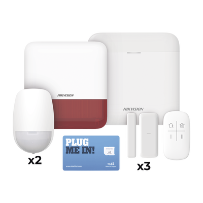 (AX PRO) KIT de Alarma AX PRO con GSM (3G/4G), Wi-Fi y Ethernet / Incluye: 1 Hub  con batería de respaldo / 2 Sensores PIR / 3 Contactos Magnéticos Slim / 1 Control Remoto / 1 Sirena Roja Inalambrica Exterior | DS-PWA48-KSDV2(R)