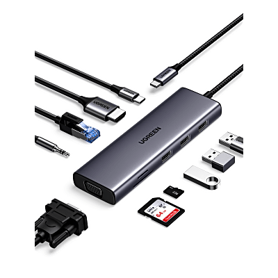 Hub USB-C 10 en 1 / HDMI 4K@30Hz + VGA 1920x1200 / 3x USB 3.0 5Gbps / Ethernet Gigabit / SD/TF Card Reader / PD 100W / Audio 3.5mm / Doble Pantalla Simultánea / Plug & Play Universal | 15601
