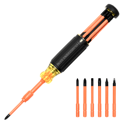 Destornillador Aislado 6-en-1 Auto-Lock / Aislado 1000V CAT III / Almohadilla de agarre / Almacenamiento de brocas integrado / Bits Philips #1 #2 / Slotted 3/16" 1/4" / Square #1 #2 | 32306-INS