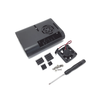 Kit Gabinete para Raspberry Pi 4 Model B / Plástico ABS / Color Negro / Ventilador / Disipadores / Incluye Desarmador | IC-00073