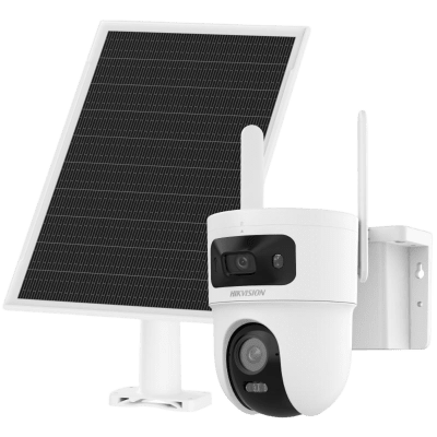 Kit Solar IP All in One Doble Lente / AOV / PT IP 4 Megapixel Lente 4 mm / Fijo 4 Megapixel Lente 2.8 mm / Panel Solar + Batería de Respaldo de Litio (9000 mAh) / Conexión 4G / Audio de Dos Vías / Dual Light / IP66 / Micro SD | DS2CFSP8D/4G