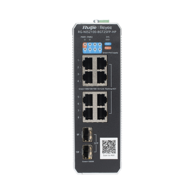 Switch Industrial PoE+ hasta 300 watts , Ideal para temperaturas Extremas y protección contra descargas, 1 puerto PoE++ 60W y 7 puertos PoE+ 30W, 2 SFP Uplink | RG-NIS2100-8GT2SFP-HP