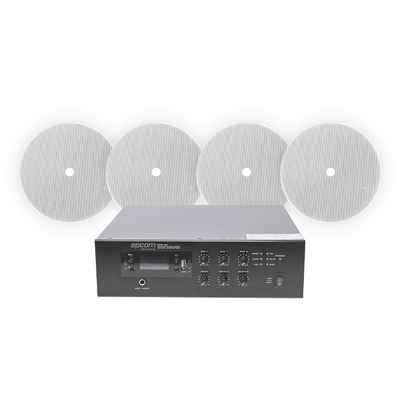 KIT de Amplificador de 120W para Escritorio | 4 Altavoces 6" | Montaje en Techo | 20W | 70/100V | SFB120/4CST