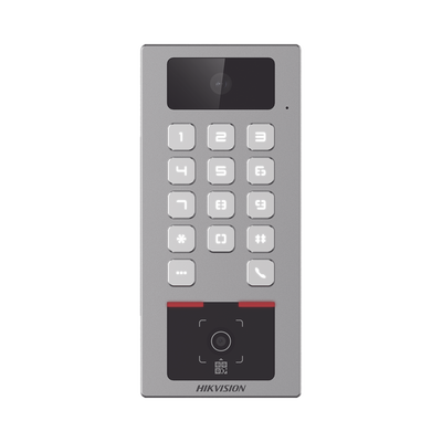 (PoE / 2 Relays) Teclado con Lector Físico de QRs para Exterior Antivandálico IP65 & IK09 con función de Videoportero Multiapartamento / Tarjeta, Código QR, PIN o App HikConnect  / Cámara 2 MP compatible con NVRs / | DS-K1T502DBWX-CQR-E1