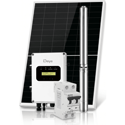 Kit de Bombeo Solar 3000W (4 HP) / Bomba Sumergible con Controlador Híbrido AC/DC 136-264VAC / 108-403VCD / 6 Módulos Solares 540W / Interruptor Termomagnético 2P 20A 800V CC / Protector de Descargas Atmosféricas / Gabinete IP6 | SP3000ACDCKIT