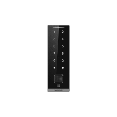Teclado Esclavo con Lector de Tarjetas Virtuales Bluetooth y Códigos QR / Tarjetas MIFARE y PROX EM / Contraseñas / RS-485 Wiegand OSDP / Frecuencias 13.56 MHz y 125 KHz / Autenticación Tarjeta PIN QR Bluetooth / Táctil | DS-K1105EMKB-QR