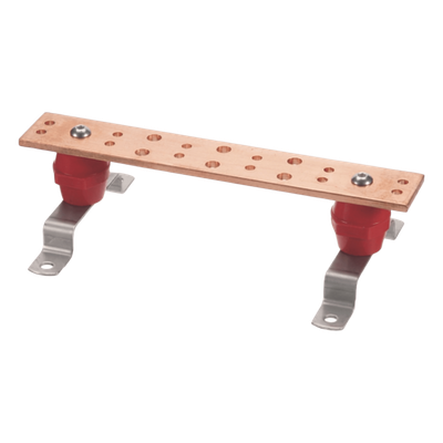 Barra Unión Telecom TMGB / 12 x 2 x 1/4 in / Cobre 100% / 6+12 Orificios / Montaje Muro Incluido / Aisladores Rojos / J-STD-607-A | LP-BUS-TMX122