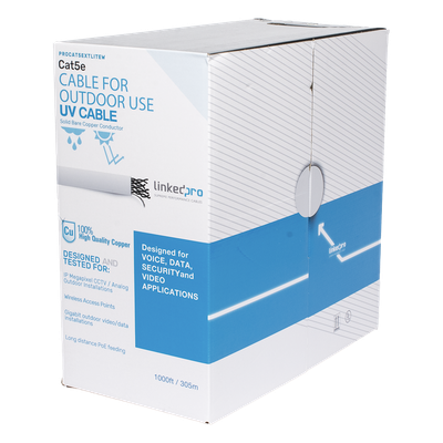 Bobina de cable de 305 m, Cat5e, para intemperie, sin blindar, color blanco, UL, para aplicaciones en CCTV, redes de datos, Requiere tubería para su correcta instalación en ambientes exteriores. | PRO-CAT5-EXT-LITEW-V2