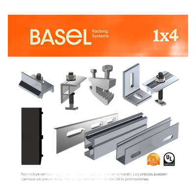 Sistema de Montaje Solar / Techo Plano / 4 Módulos  / Resistencia 140 km/h / Inclinación 15° / Componentes BASEL | KITBASEL1X4