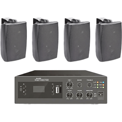 KIT de Amplificador de 240W para Escritorio | 4 Altavoces de Pared color Negro 2.5W - 20W | Sistema 70/100V | EPB240E/4WS