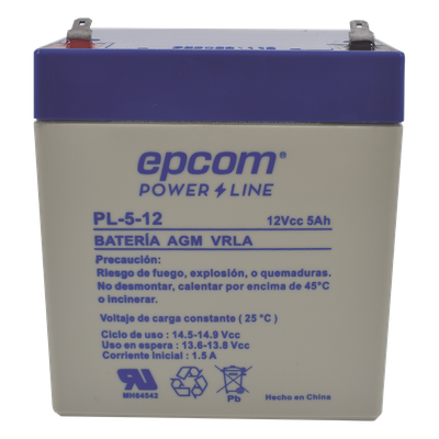 Batería 12 Vcc / 5 Ah / UL / Tecnología AGM-VRLA / Para uso en equipo electrónico Alarmas de intrusión / Incendio/ Control de acceso / Video Vigilancia / Terminales F1 / Cargador recomendado CHR-80. | PL512