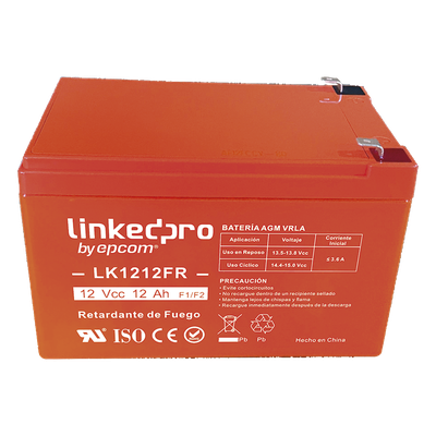 Batería de Respaldo AGM-VRLA / 12 V / 12 Ah / Retardante a la Flama UL94-V0 / Vida Útil 5 Años / Terminales F1 + Adaptador F2 | LK1212FR