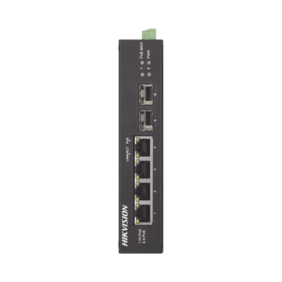 Switch Industrial No Administrable Gigabit / 3 Puertos Gigabit PoE+ (30 W) + 1 Puerto Gigabit PoE++ (60 W) / 2 Puertos SFP / 65 W Total / 48 a 57 VCD / Ideal para Proyectos / 300 Metros de Distancia | DS-3T0506HP-E/HS