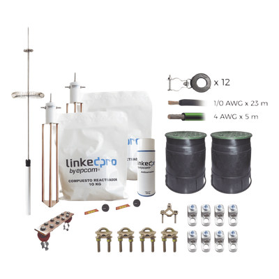 Kit Pararrayo con Accesorios de Instalación en Torre / 18 m (59 ft) Altura Máxima / Radio Cobertura 72° / Cable Cobre 1/0 AWG y 4 AWG | KLP-TZ18-PRO