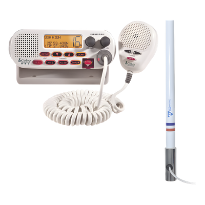 Kit de Radio VHF Marino / Antena Fibra de Vidrio 2.4 m (7.9 ft) / 25 W / DSC / Dual-Watch / PL259 / Base Acero Inoxidable | MRF45D/KIT5101