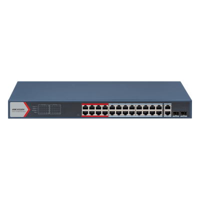 Switch PoE+ Administrable / 24 Puertos 10/100 Mbps / 2 Puertos Gigabit Combo / 370 W / Alcance Extendido 300 m (984.3 ft) / Protección 6 kV | DS3E1326PEI(B)