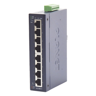 Switch Industrial No Administrable / 8 Puertos Gigabit 10/100/1000T / IP30 / Riel DIN y Pared / -40 a 75°C / 12-48 VDC | IGS-801T