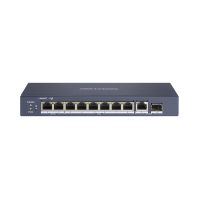 Switch PoE+ / No Administrable / 7 Puertos 1000 Mbps 802.3 af/at (30 W) / 2 Puertos 1000 Mbps Hi-PoE (90 W) / 1 Puertos 1000 Mbps Uplink / 1 Puerto SFP / Modo Extendido hasta 300 Metros / 110 Watts | DS-3E0510HP-E