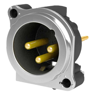Conector XLR Macho / 3 Polos / Montaje Vertical PCB / Carcasa Metálica / Pines Chapados en Oro / Diseño Ultra Compacto | SCADM3-V