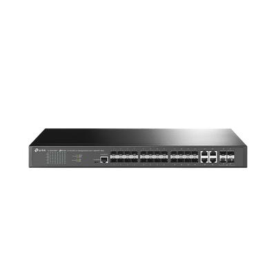 Switch de Fibra Óptica L2+ Omada / 24 puertos SFP 1GE / 4 Puertos Combinados SFP+/RJ45 Gigabit / 2 Puertos Consola RJ45|micro-SUB / Administración Centralizada Omada o Stand-Alone / Compatile con IPv6 /  Multicast IGMP | TL-SG3428XF