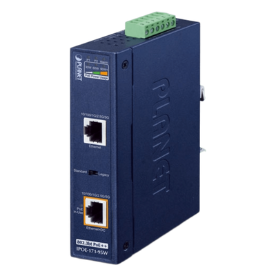 Inyector PoE++ Industrial / 95W / 2 Puertos RJ45 / Multi-Gigabit 5Gbps / -40 a 75°C / IP30 / Riel DIN o Pared | IPOE-171-95W