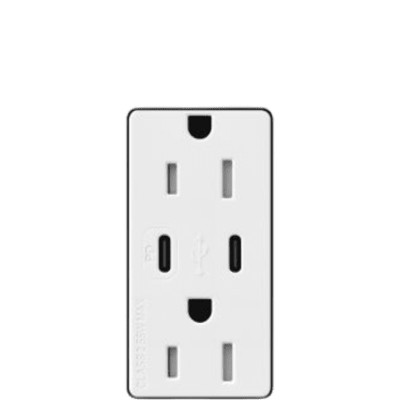 Tomacorriente Receptáculo / 120V / 15A / Obturador de Seguridad / Perfil Delgado 7.6 mm / USB-C PD 55W / Color Blanco | CAR15CCTRWH