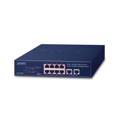 Switch de Escritorio de 8 Puertos 10/100TX 802.3at PoE+ / 2 Puertos 10/100TX / 120W PoE Budget / Modos Standard, VLAN y Extendido / Distancia Extendida Hasta 250m | FSD-1008HP