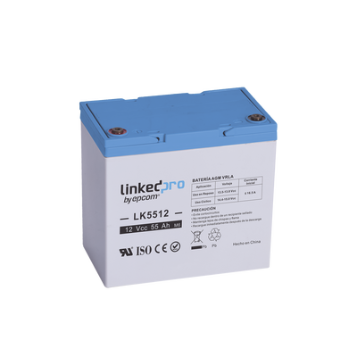 Batería 12 V / 55 Ah / UL / Tecnología AGM / Vida útil promedio de 5 años / Para uso en equipo electrónico, Alarmas de Intrusión / Incendio/ Control de acceso / Video Vigilancia / T2 | LK5512