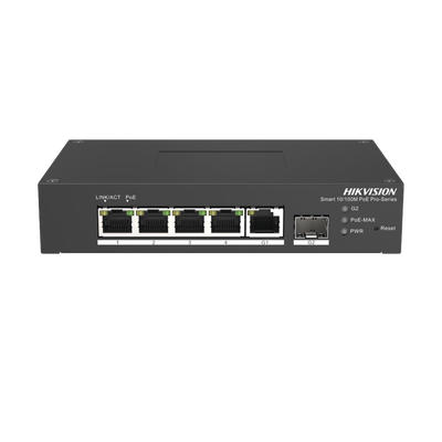 Switch PoE+ Industrial de Escritorio / Administrable / 4 Puertos 10/100 Mbps PoE+ / 1 Puerto 1000 Mbps Uplink / 1 Puertos SFP  /  Configuración Nube Hik-PartnerPro / Modo Extendido hasta 300 Metros / 60 Watts | DS-3T1306P-SI/HS