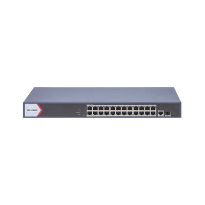 Switch Gigabit PoE+ / Monitoreable / 24 Puertos 1000 Mbps PoE+ /  1 Puerto 100 uplink / 1 Puerto 1000 Mbps Uplink / 1 Puertos SFP Uplink / Configuración Nube desde Hik-PartnerPro / Modo Extendido hasta 300 Metros / 370 W | DS-3E1526P-EI