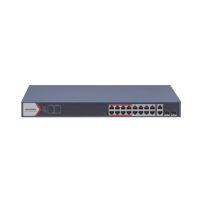 Switch PoE+ / Monitoreable / 16 puertos 10/100 Mbps PoE+ / 2 Puertos 1000 Mbps Uplink / 2 Puertos SFP de Uplink /  Configuración Nube Hik-Partner Pro / Modo Extendido hasta 300 metros / 230 W | DS-3E1318P-EI(B)