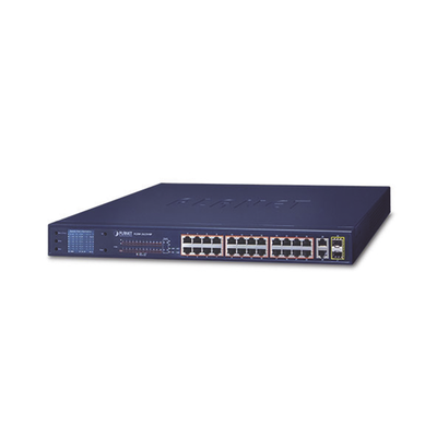 Switch No Administrable 24 Puertos PoE 10/100 802.3af/at, 2 Combo TP/SFP Gigabit y Pantalla LCD para Monitoreo y Configuración Básica de PoE, Hasta 300 Watts | FGSW-2622VHP