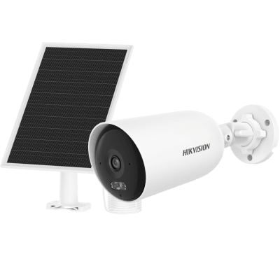 Kit Solar IP All in One / AOV / Bala IP 4 Megapixel / Lente 2.8 mm / Panel Solar + Batería de Respaldo de Litio (9000 mAh) / Conexión 4G / Audio de Dos Vías / IP66 / Micro SD | DS-2CFS04/4G/LA