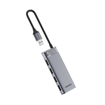 HUB USB-A 3.2 Gen1 4 EN 1 | 4 Puertos USB-A (5Gbps) | Carcasa ABS + PC | Soporta OTG | Luz Indicadora LED | Cable de Nylon Trenzado de 20cm (Mas de 20000 flexiones) | Interfaz Niquelada | Color Gris Metalizado. | 15548