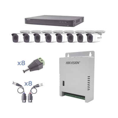 KIT TurboHD 1080p / DVR 8 Canales / 8 Cámaras Bala (exterior 2.8 mm) / Transceptores / Conectores / Fuente de Poder Profesional hasta 15 Vcc para Larga Distancias | KEVTX8T8BW