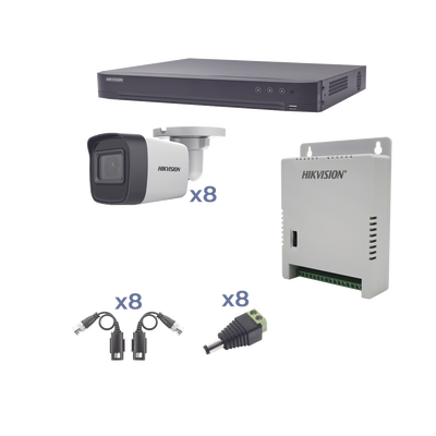 KIT TurboHD 1080p / DVR 8 Canales / 8 Cámaras Bala (exterior 2.8 mm) / Transceptores / Conectores / Fuente de Poder Profesional hasta 15 Vcc para Larga Distancia | KH1080P8BW