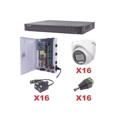 KIT TurboHD 1080p / DVR 16 Canales / 16 Cámaras Turret con Audio Integrado (Exterior 2.8 mm) / Transceptores / Conectores / Fuente de Poder Profesional | KH1080P16DW