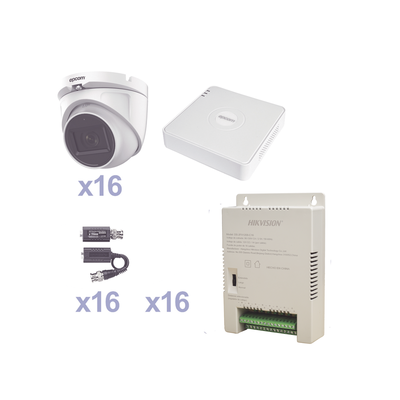 KIT TurboHD 1080p Lite / DVR 16 Canales / 16 Cámaras Eyeball  Exterior ( 2.8mm) / Transceptores / Conectores / Fuente de Poder Profesional | KESTXLT16EW