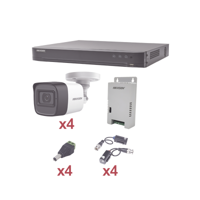 KIT TurboHD 1080p / DVR 4 Canales / 4 Cámaras Bala (exterior 2.8 mm) / Transceptores / Conectores / Fuente de Poder Profesional | KH1080P4BW